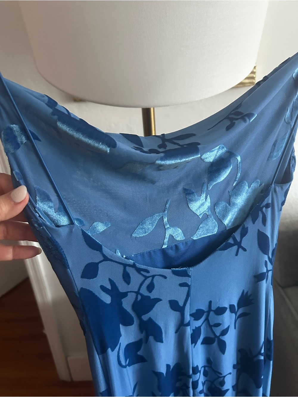 Y2K Velvet Burnout Blue Floral Whimsigoth Maxi Dress Gown Size S Fairy Draped - Picture 4 of 13